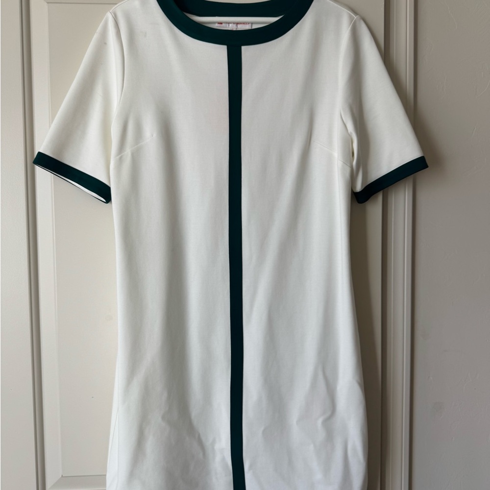 Jude Connally White Dress with Dark Green Trim